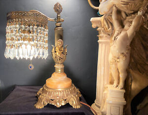 FINE ANTIQUE PETITE FRENCH ART NOUVEAU GILT BRONZE FIGURAL LAMP W/ AUSTRIAN CRYS