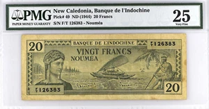 NEW CALEDONIA, NOUMEA ND (1944) 20 FRANCS, P-49 NOTE PMG VERY FINE 25 126383 - Picture 1 of 2