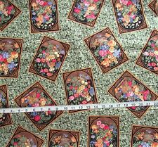 1 yd 100% Cotton Fabric Postcards with Bouquets of Flowers, Leafy Background