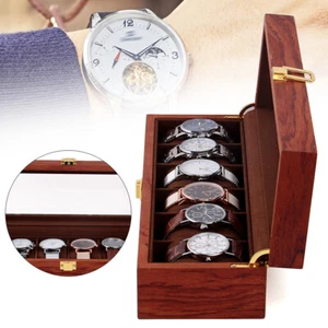 Caja organizadora de almacenamiento de joyas con tapa de vidrio para vitrina de reloj de pulsera de madera de 6 ranuras - Imagen 1 de 14