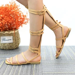 Women's Gladiator Style Flat Sandals Calf High Strappy Design with Gold Buckles - Picture 1 of 22