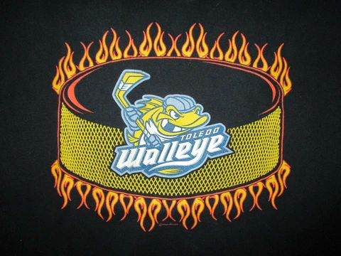 TOLEDO WALLEYE T SHIRT Flaming Puck Fire Minor League Hockey Kids YOUTH LARGE Cover