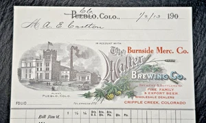1913 BURNSIDE + WALTER BREWING CO PUEBLO/CRIPPLE CREEK CO LETTERHEAD BILL FP170 - Picture 1 of 8