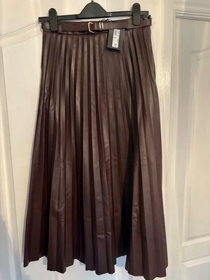 River Island Faux Leather Burgundy/Red Belted Pleated Midi Skirt - Image 1 of 3