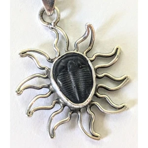 Vintage Artisan Trilobite Arthropod Fossil Sterling Silver Sun Pendant Necklace - Picture 1 of 9