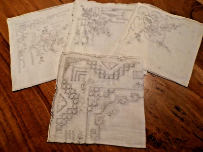 Linge ancien Lot de 4 Mouchoirs linon différents avec  broderies grises - Photo 1/4