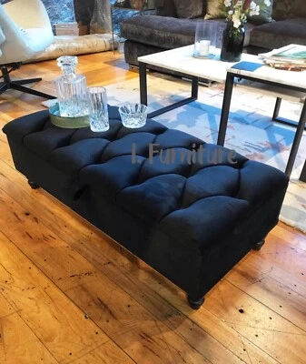 Black Ottoman Pouffe with Wooden Legs - Chesterfield Velvet Feel Footstool - Image 1 of 4