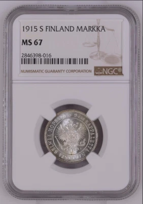 💎 1915 S Russia Finland 1 Markka NGC MS67 Superb Gem Brilliant Uncirculated - Image 1 of 2