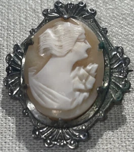 Vintage Genuine CAMEO Pin Brooch Ornate Silvertone Setting Hallmark - Picture 1 of 9