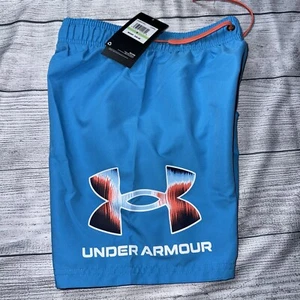 Under Armour Youth Boys Above Knee Swim Trunks Blue Red Logo NEW - Picture 1 of 2