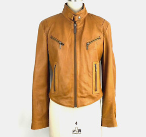 AVIATRIX Womens Size L Leather Jacket Biker Brown Camel Leather Fitted Full Zip