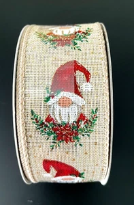 New "Celebrate It" Beige & Red Holiday Gnome Wired Ribbon 1 1/2 in. x 30 Ft - Picture 1 of 6