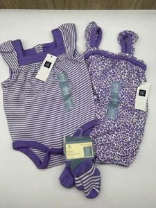 Baby Gap NOS NWT LOT 3 cotton outfit Girls Romper 0-3 M Purple Cheetah Stripe - Picture 1 of 3