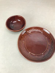 vtg Marcrest Oven Proof Stoneware Brown Daisy Dot Plate 9.75" w & Cereal Bowl - Picture 1 of 11