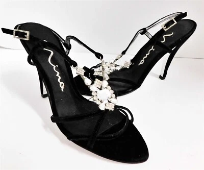 Tacones Nina Negro Terciopelo Cristal Joyas Punta Abierta 6.5 M Foto 1 de 4