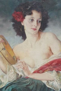 ORIGINAL VINTAGE MARIA SZANTHO ART PAINTING LOVELY YOUNG GIRL WOMAN MUSCIAN - Picture 1 of 6