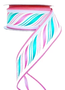 Christmas Pink Aqua Diagonal Wavy Stripe 1.5" x 5 yds Wired Ribbon Glitter - Picture 1 of 3