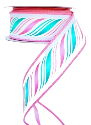 Christmas Pink Aqua Diagonal Wavy Stripe 1.5" x 5 yds Wired Ribbon Glitter - Image 1 of 3
