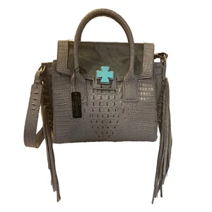 Cartera con flecos Raviani en cuero de becerro gris cocodrilo con cruz TQ - Imagen 1 de 7