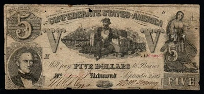1861 $5 Richmond, VA Confederate States of America ANTIQUE Note! - Image 1 of 2