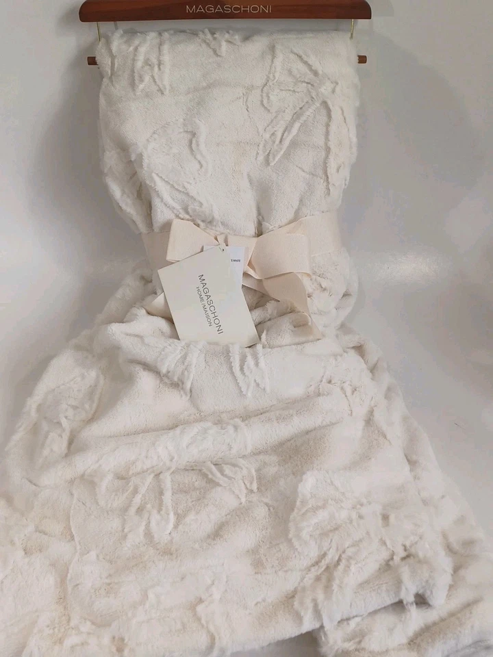 Magaschoni Luxe Home Antique White Bow 50x70 Faux Fur Throw Blanket, New - Image 1 of 1