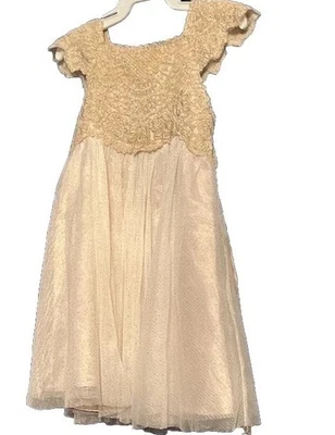 Baby Girl Sz 3-6 Mon Party/Formal Dress Gold Lace Bodice, Tulle-Satin Skirt/Tie - Image 1 of 4