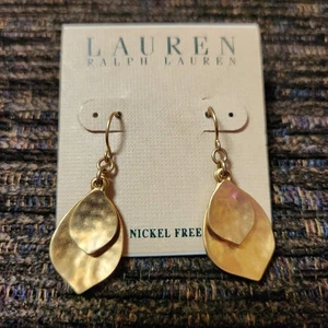 Vtg Ralph Lauren Pierced Earrings Gold Tone Hammered Layered Leaf Drop RLL Signd - Picture 1 of 4