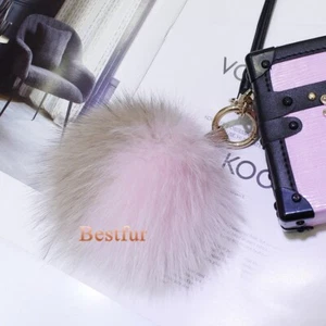 13 cm 5" Caqui/Rosa Piel de Zorro Real Bola Pompón Llavero Bolso Dije Coche Teléfono Colgante - Imagen 1 de 4