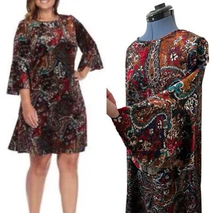 Prelude Women Paisley Floral Velvet Flared Sleeve Shift Dress Whimsigoth Boho 1X - Picture 1 of 19