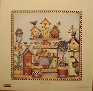art print~HELLO FRIEND~Debbie Mumm~birdhouses~garden watering can cat 13x13 - Picture 1 of 1