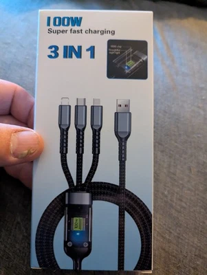 100W 3 in 1 Super Charging Cable 6A Micro USB Type C Fast Charger Type-C Cable D - Image 1 of 4