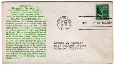 #818 Presidential Series 13c Millard Fillmore 1938 FDC - #137 Munprint - Image 1 of 2