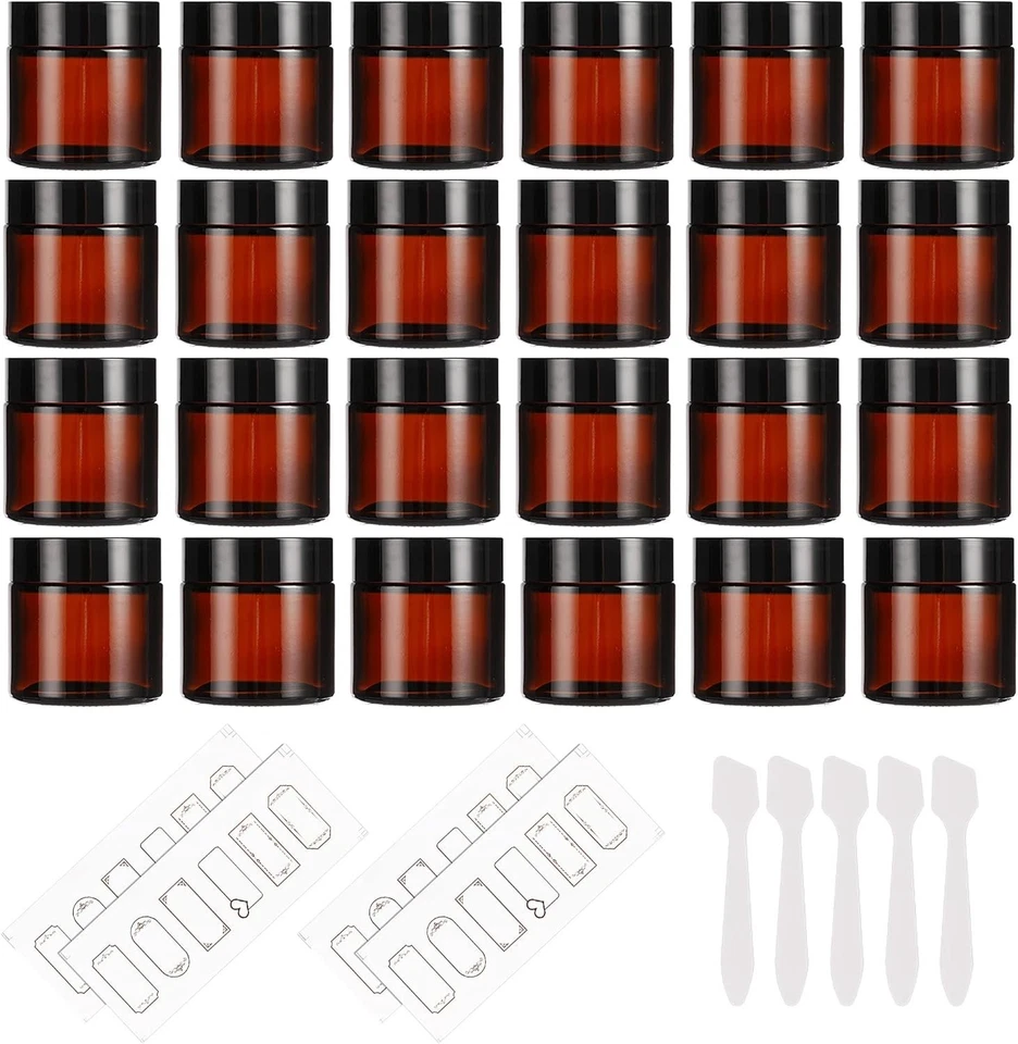 24 Pack 2oz Amber Glass Jars with Black Lids, Round Empty Containers for Scrubs - Image 1 of 2