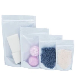 White Plastic Storage Bags Food Safe Zipper Seal Pouches Stand Up with Window - Picture 1 of 14