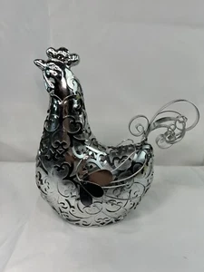 Silvertone Porcelain Rooster Carved Metal Covering Home Decor Sculpture Art - Picture 1 of 12