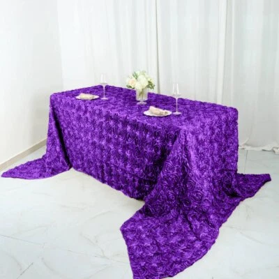 Purple RIBBON ROSES 90x156" RECTANGLE TABLECLOTHS Wedding Party Catering Linens - Image 1 of 4