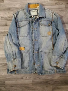 Vtg Timberland Blue Jean & Leather Jacket Sz. L Embroidered Logo Super Rare - Picture 1 of 7