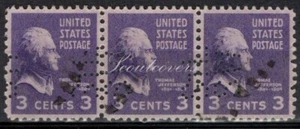 Perfins USA 1938, Sc807 3x 3c Thomas Jefferson. Used WSSTL - Picture 1 of 3