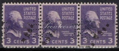 Perfins USA 1938, Sc807 3x 3c Thomas Jefferson. Used WSSTL - Image 1 of 3