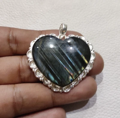 Ciondolo in labradorite naturale in argento sterling 925 fatto a mano con... - Immagine 1 di 4