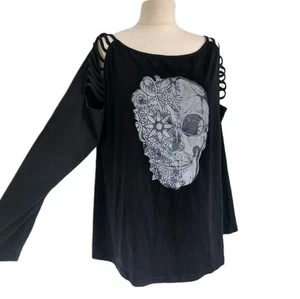 Bnwt Gothic Skull Black Top Boat Neckline Strappy Cut-Out Long Sleeves Size XXL - Picture 1 of 1
