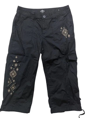 St. Johns Bay Y2K 工装卡普里裤女式 6 黑色金色刺绣垃圾哥特式 — 第 1/4 张图片