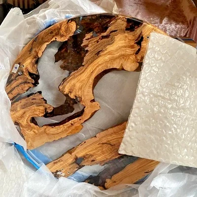 Transparent Glossy Luxury Modern Round Epoxy Resin Walnut Dining Coffee Table - Image 1 of 4