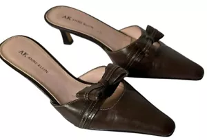 VTG Y2K Brown Leather Pointed Toe Bow Stitched Kitten Heel Mule 7 Career Preppy - Picture 1 of 6