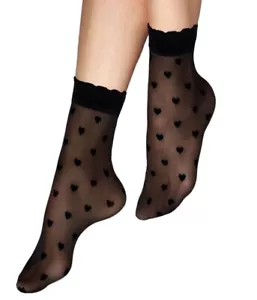Niñas Mujeres Negro Transparente Tobillo Calcetines Corazón Patrón 20 Den Talla Única - Imagen 1 de 2