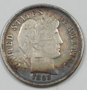 US 1893 Barber Dime 90% Silver AU+ Beautiful Deep dark Toning U2138 combine ship - Picture 1 of 2