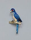 Royal Blue Parrot Bird Pin Brooch Red Rhinestone Eye Gold-Tone Enamel 1½"
