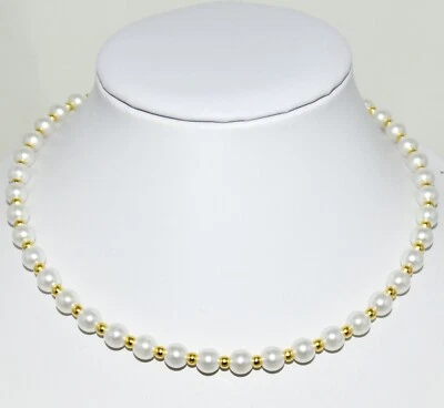 Gold Metall Perlen & Weiß Kunst Perlen-Armband, Hals-Kette 17 cm-60 cm Neu 1 St. - Bild 1 von 2