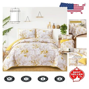 Chic Yellow Floral Reversible Quilt Set - Queen Bed Coverlet for All Seasons - Picture 1 of 9