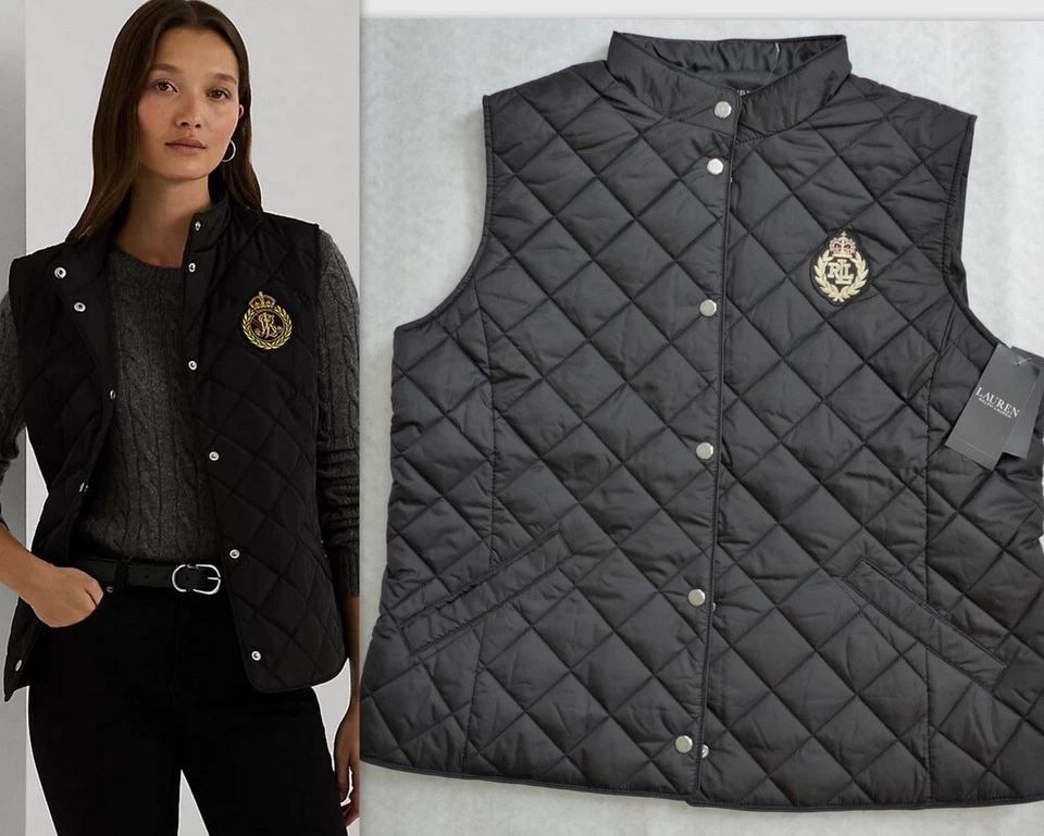 Lauren Ralph Lauren Womens Crest Logo Black Puffer Poly Fill Vest 84922T Size XL